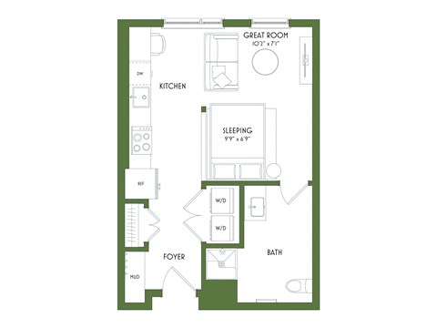 Floor plan for studio, 1 bath, 528 sqft